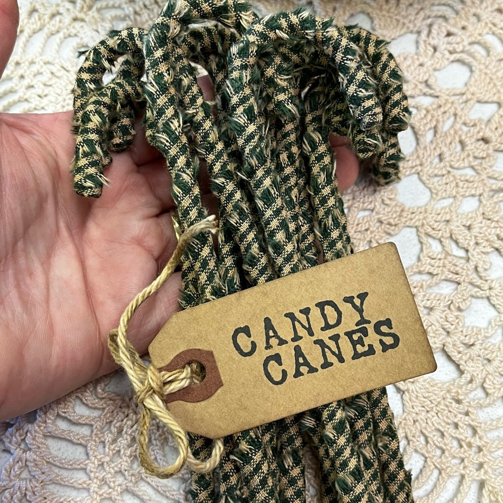 12 Primitive 6" green homespun handmade Fabric Candy Canes Ornaments farmhous… - Picture 6 of 11